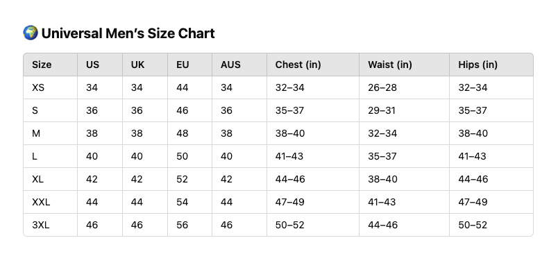 Mens Sizing Chart